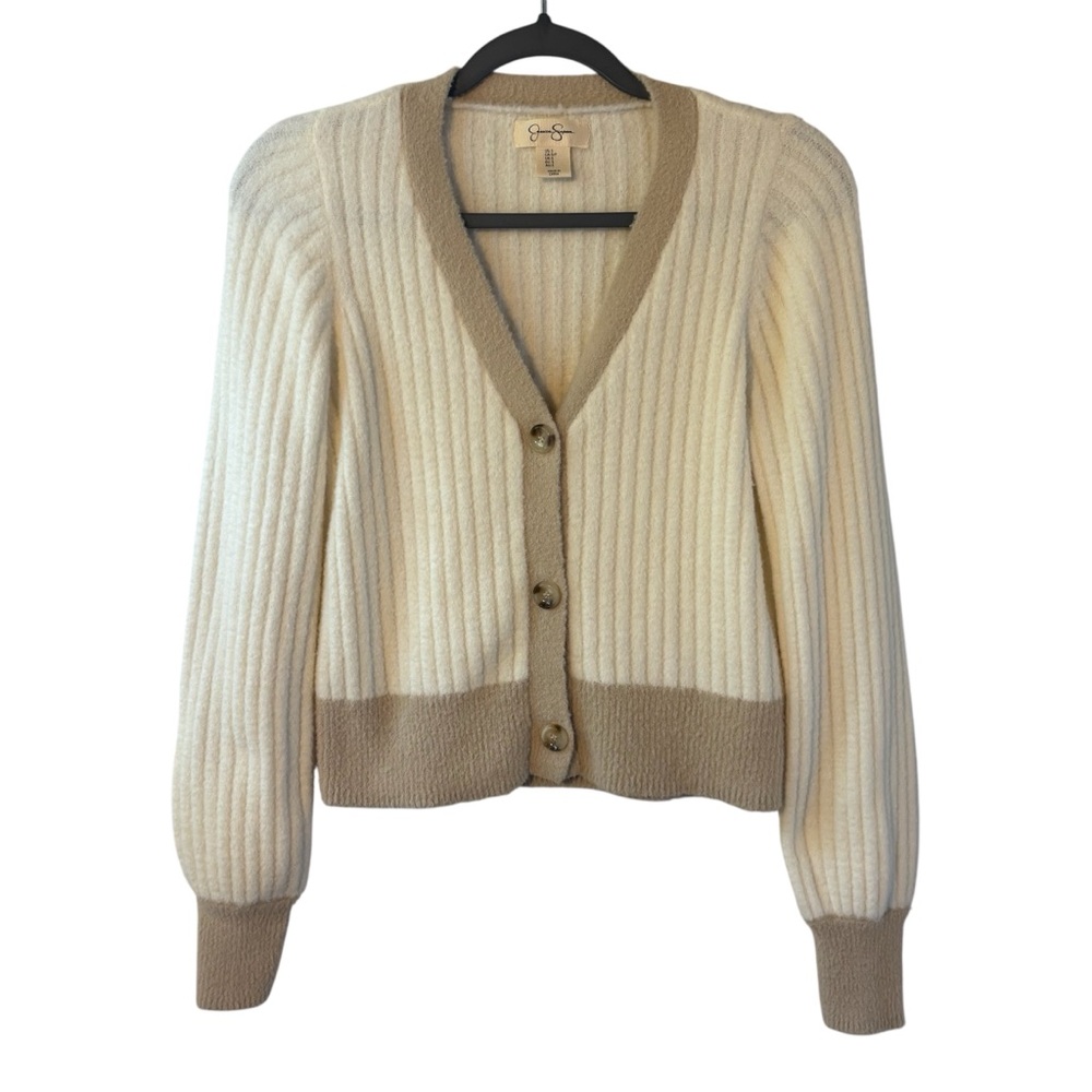Jessica Simpson Cream and Tan Button up super soft fuzzy Cardigan sweater EUC